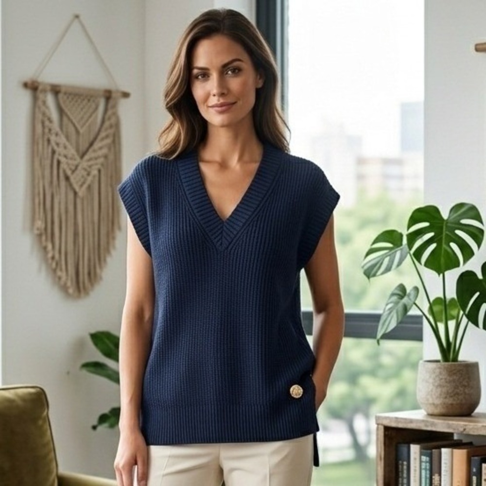 Anselmi Brazilian Premium Ribbed Knit Sweater Vest Navy Blue Sleeveless Cotton